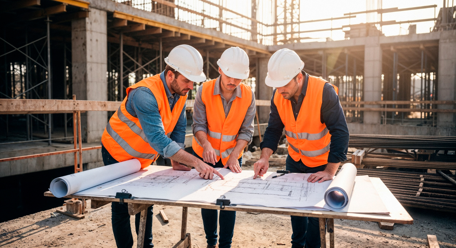 Team of professionals reviewing blueprints